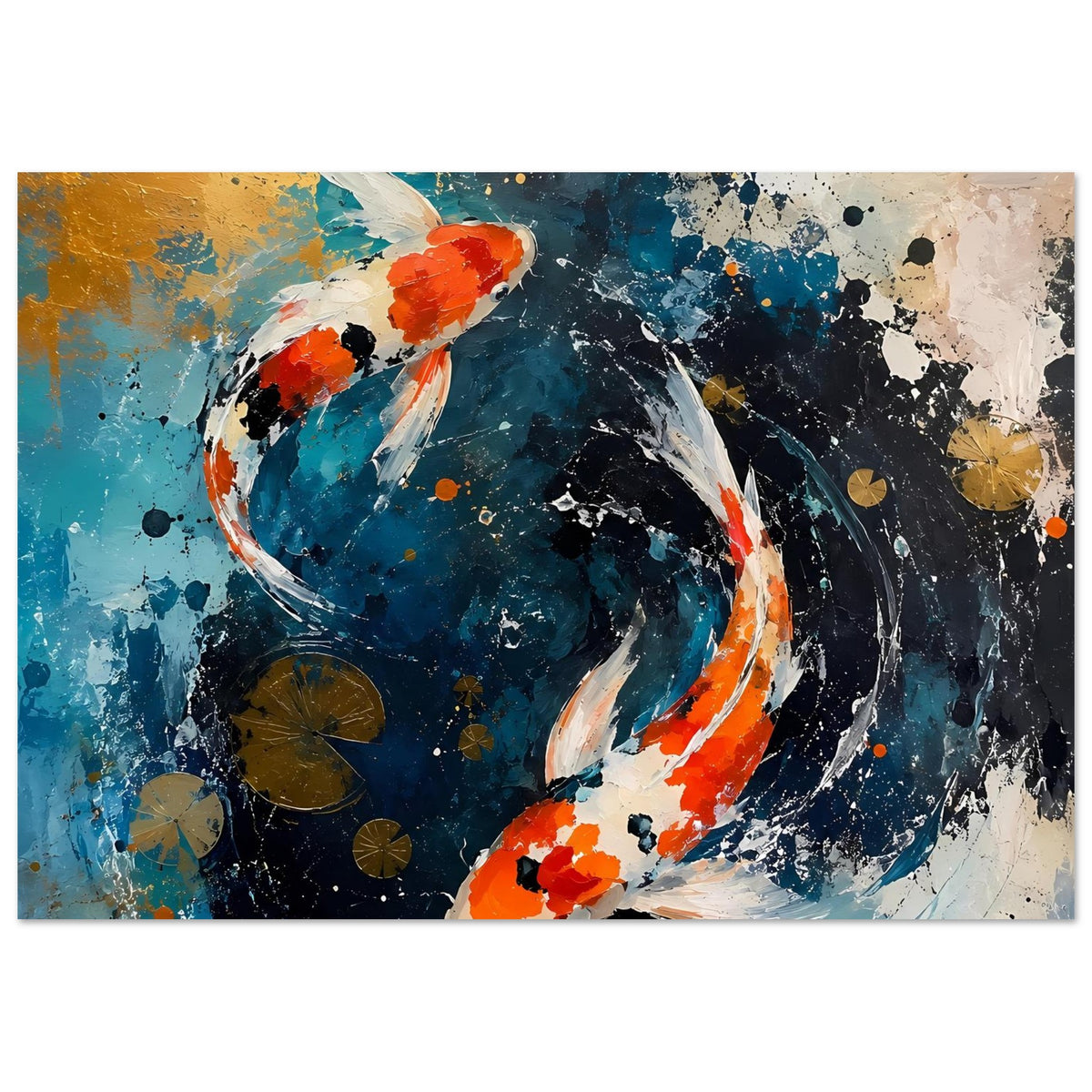 Poster mit zwei Koi in Blau, Orange und Weiß, grafische Wirbel und Sprenkel