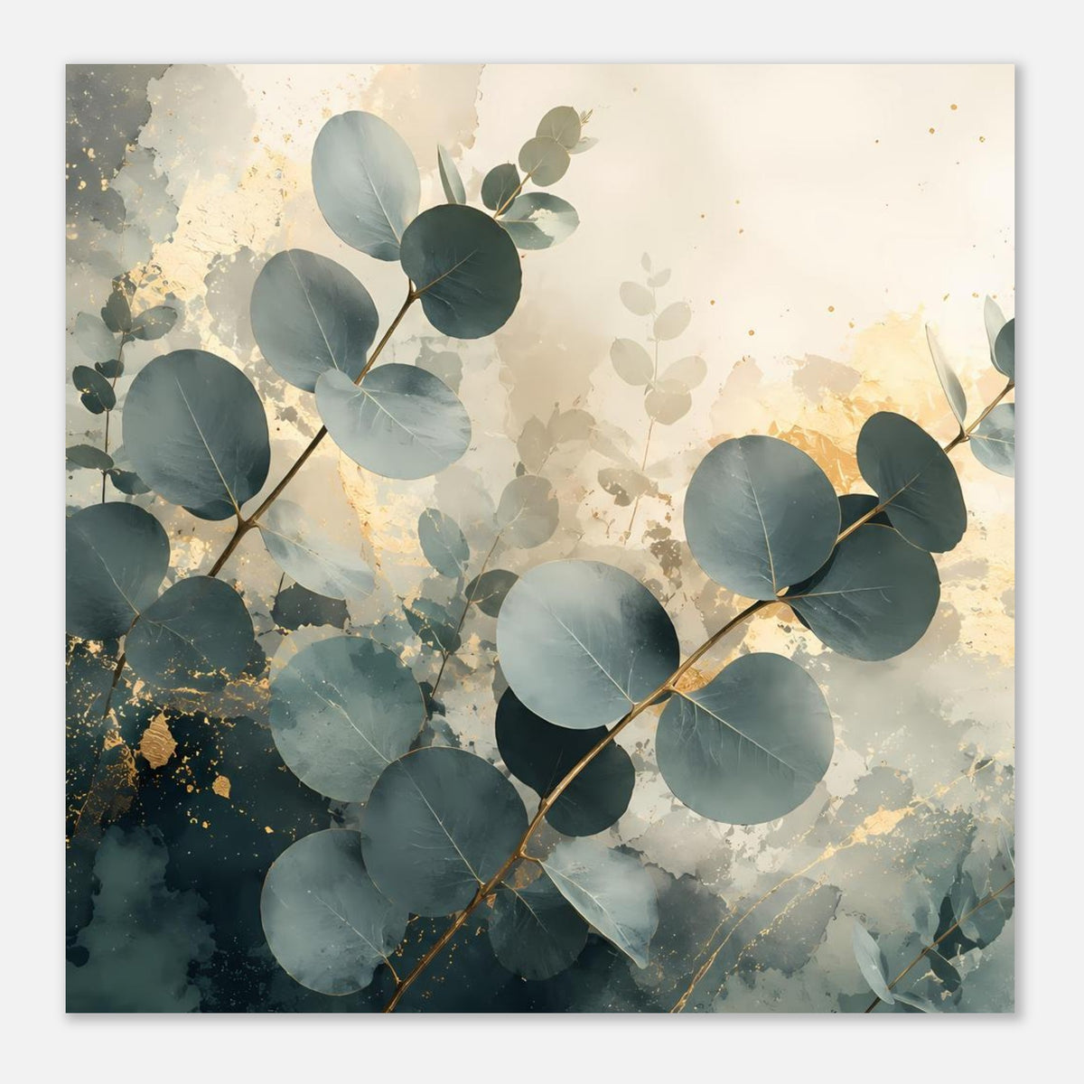Eukalyptus-Poster im Querformat mit runden Blättern, blaugrüner Farbgebung und Goldakzenten