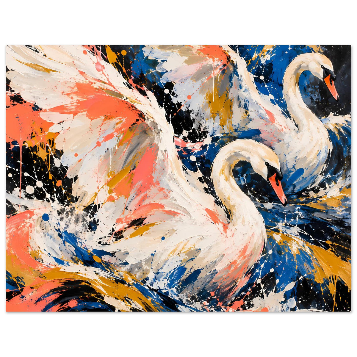 Kunstposter mit zwei weißen Schwänen im abstrakten Farbklecks-Stil, koralle, blau und gold