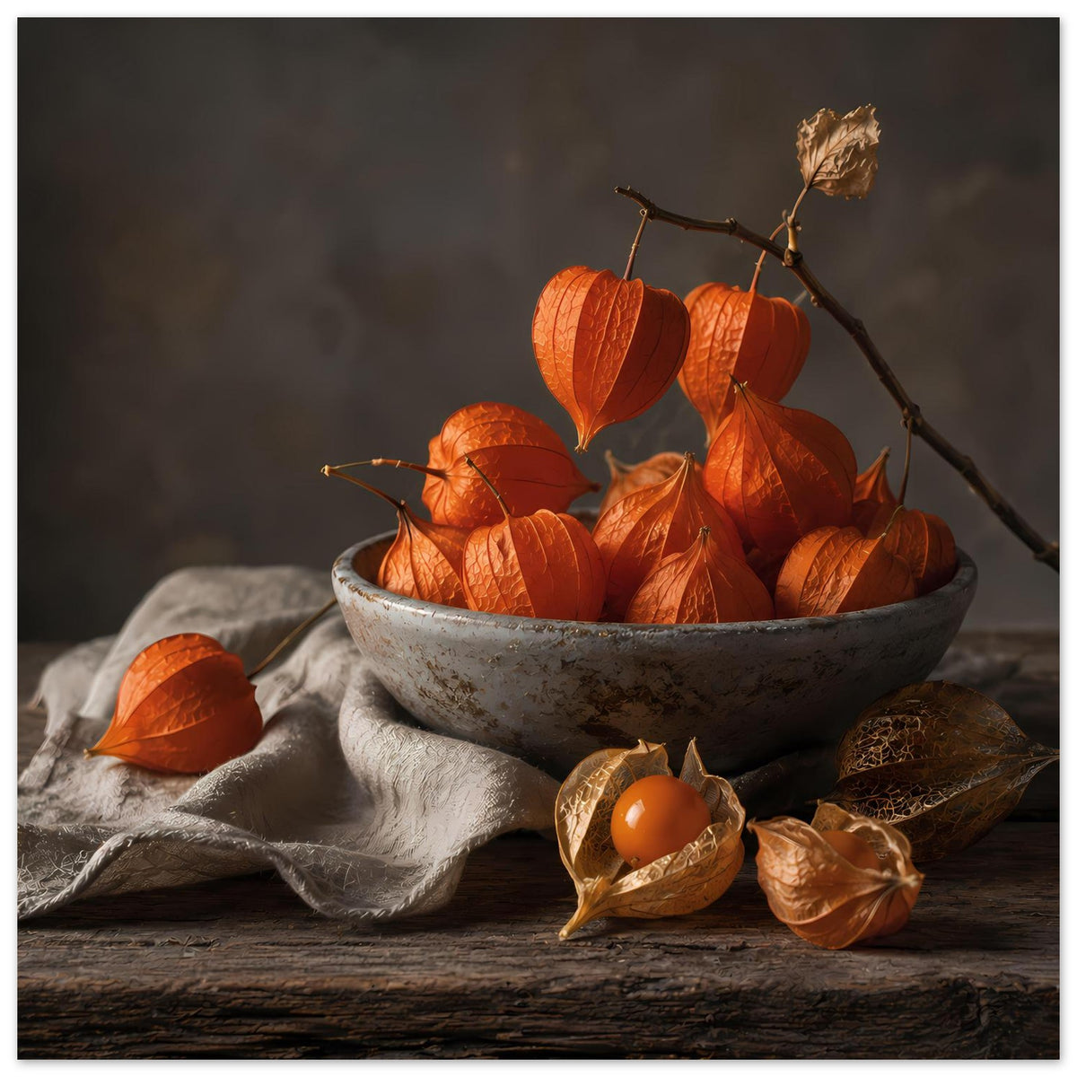 Herbstposter mit Schüssel voller orangefarbener Blätter, Zweigast und Nussfrüchten