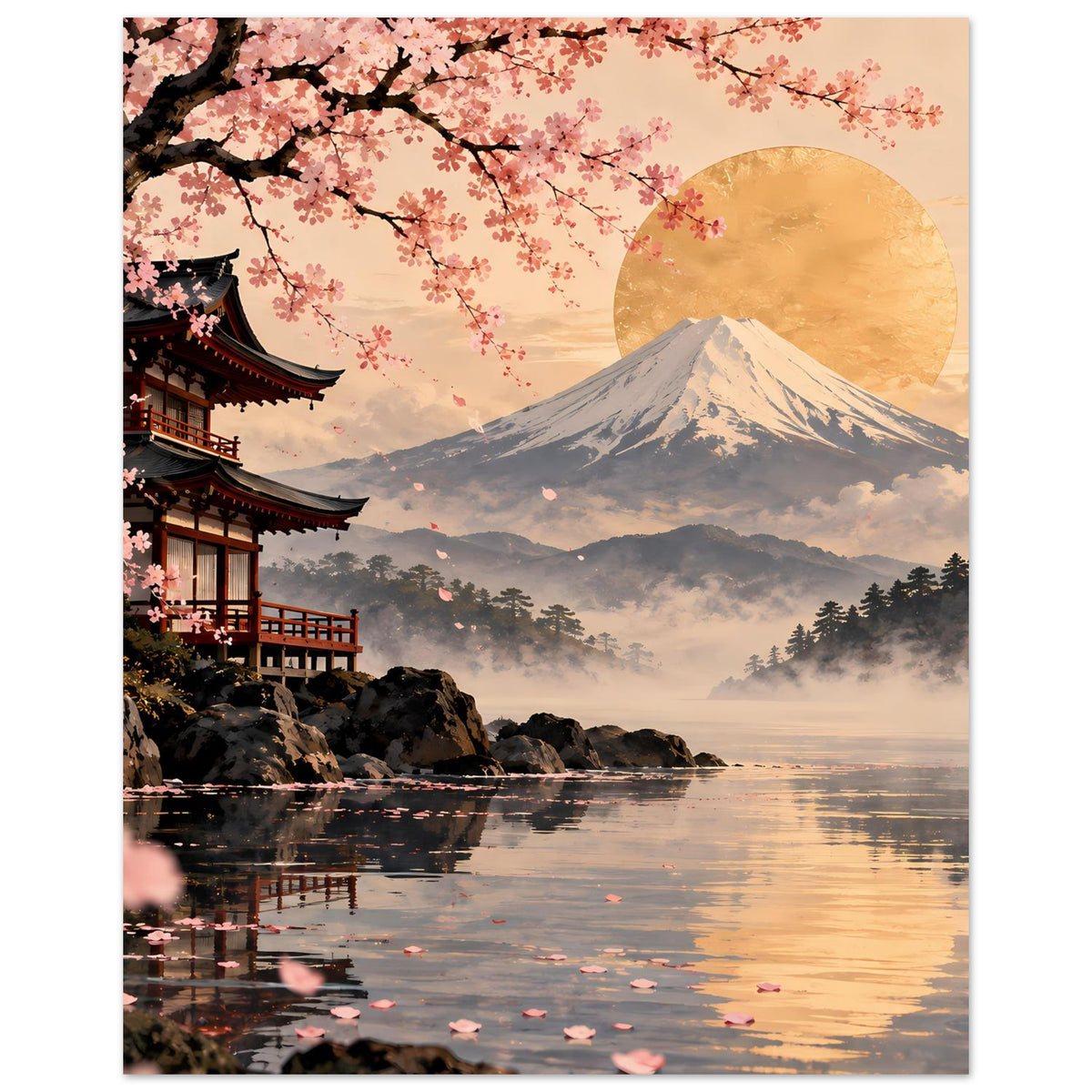 Poster mit Kirschblüten und Fuji-Berg mit Sonnenkreis über Landschaft im Dunst