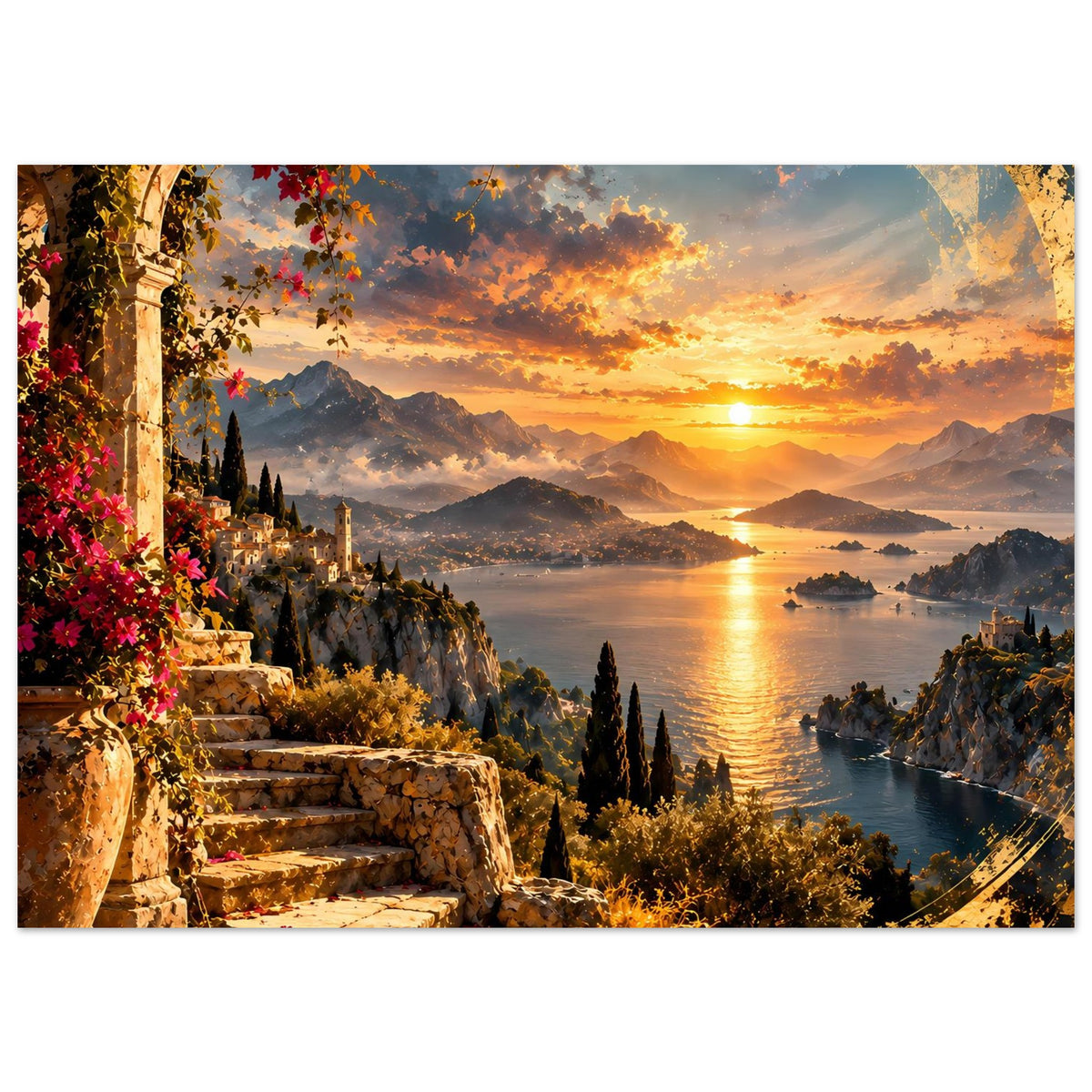 Küstenposter im Hochformat: goldener Sonnenuntergang über Meer, Berge und Treppenweg
