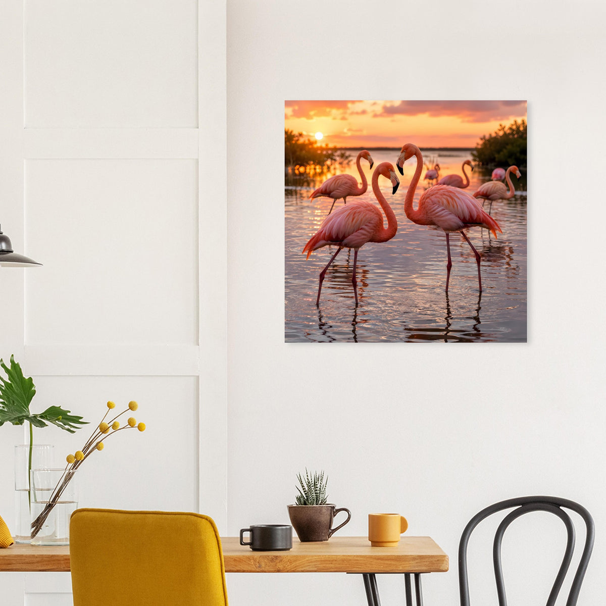 Quadratisches Poster: Flamingos am Strandrand, Sonnenuntergangsstimmung über dem Wasser