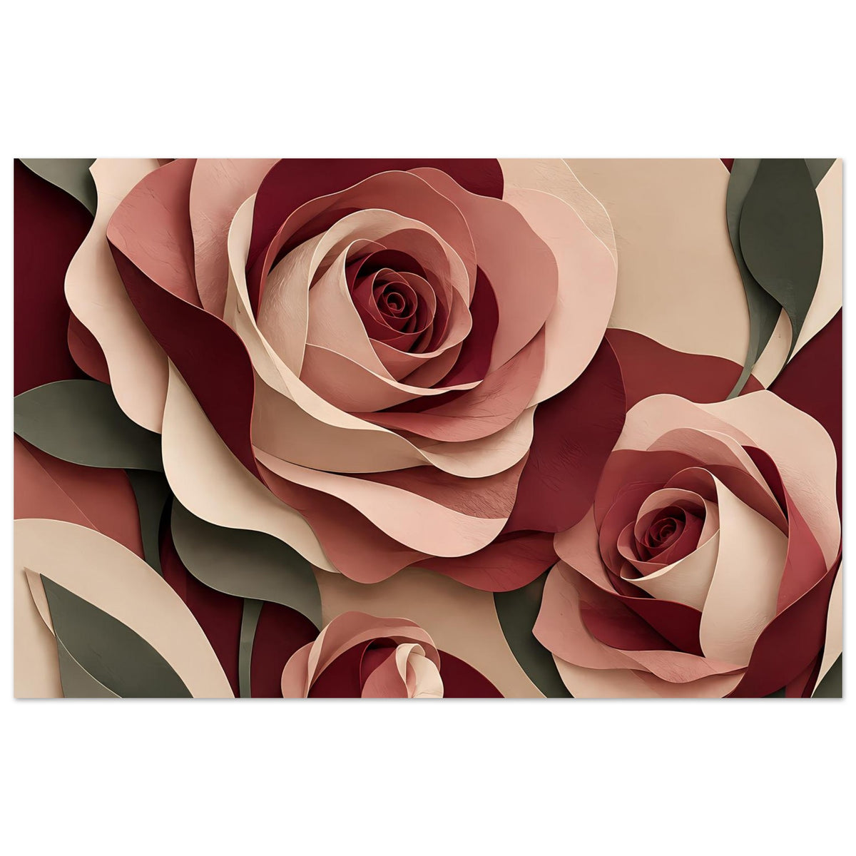 Florales Kunstposter mit Rosen in Burgunder, Rosé und Beige