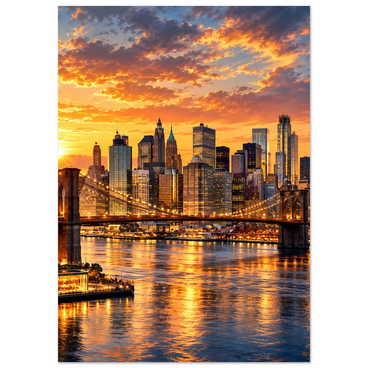 Vertikales Poster mit Skyline und Brücke im Abendlicht, Fluss mit goldenen Reflektionen