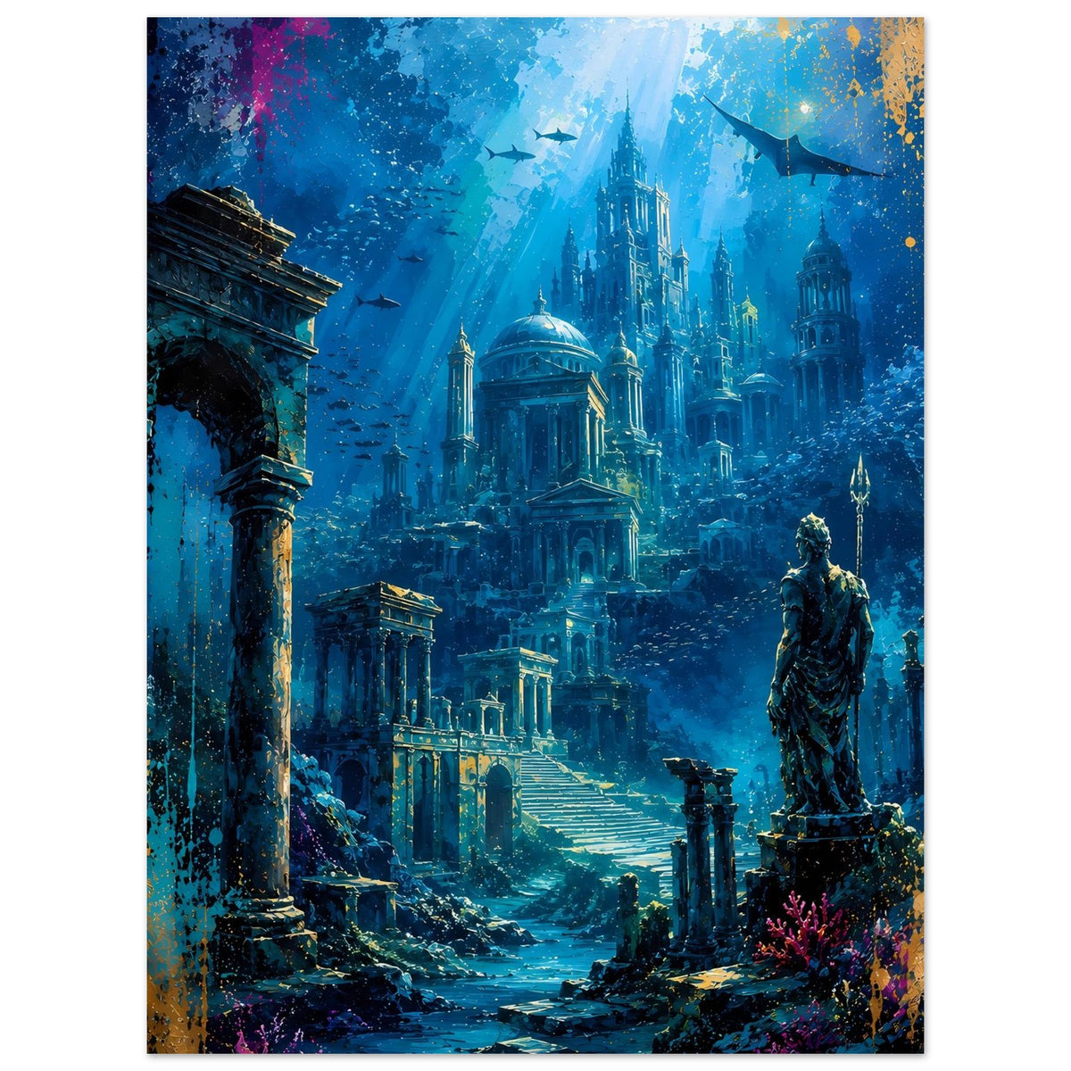 Poster mit Unterwasserstadt, Säulen links, Statue rechts und Farbdetails