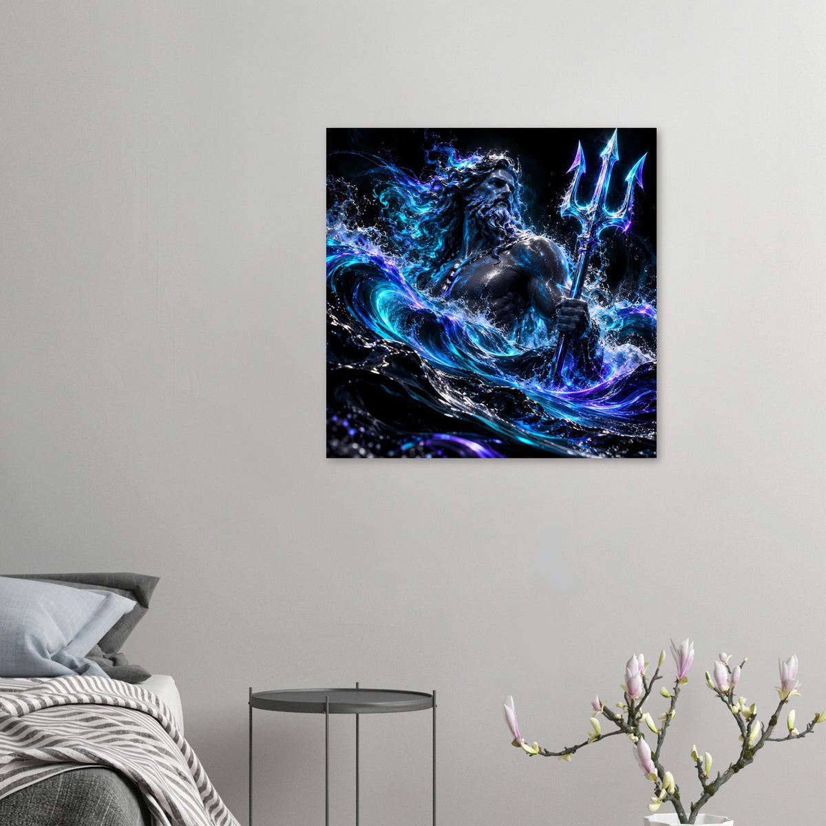 Kleines Poster im Querformat mit Poseidon: Dreizack, blaues Meer, dynamische Wellen