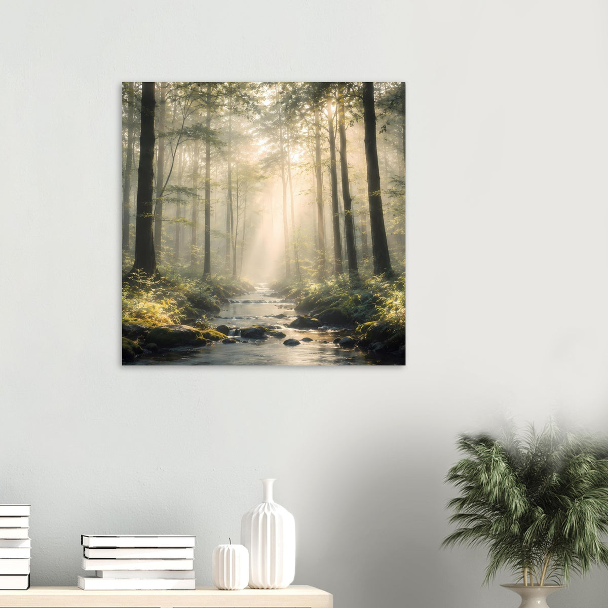 Naturposter mit Bachlauf im Wald und goldenen Lichtstrahlen zwischen Baumstämmen