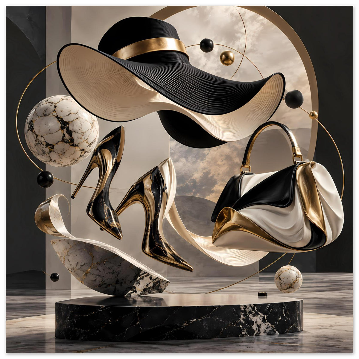 Abstraktes Modekunst-Poster, vertikal: schwarze High Heels, goldene Akzente, Handtasche