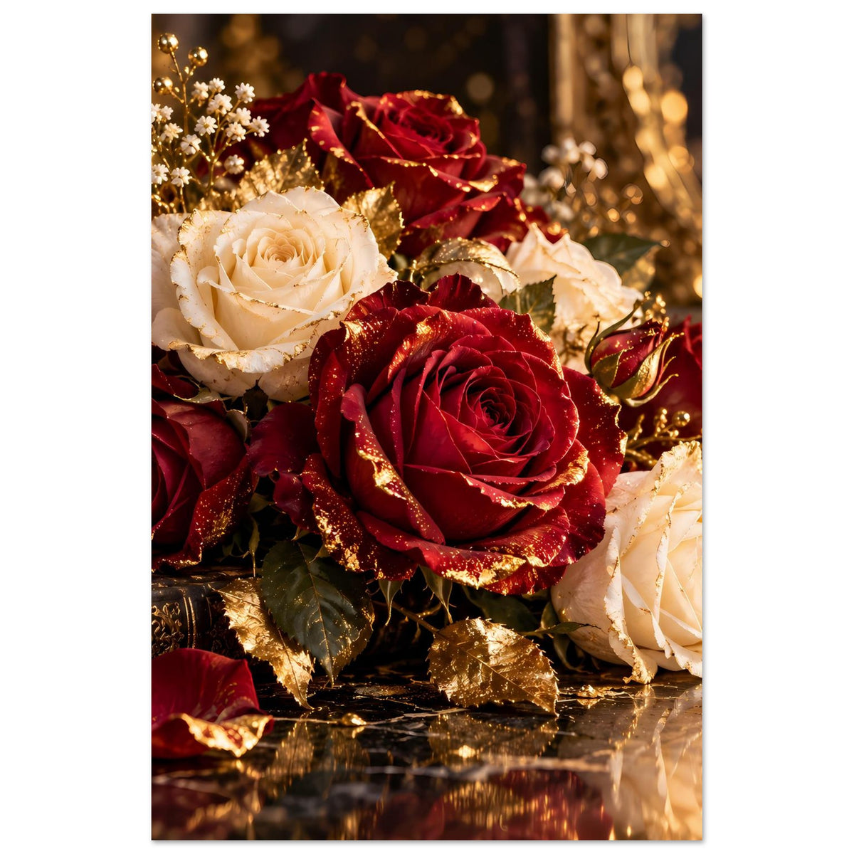 Vertikales Poster mit Rosenstrauß: cremeweiße und bordeauxrote Rosen, goldene Akzente