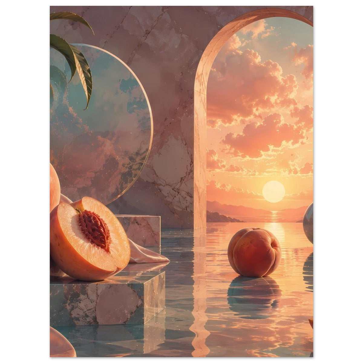 Poster mit Pfirsichstillleben: halbierte Pfirsiche, Bögen und Sonnenuntergang am Wasser