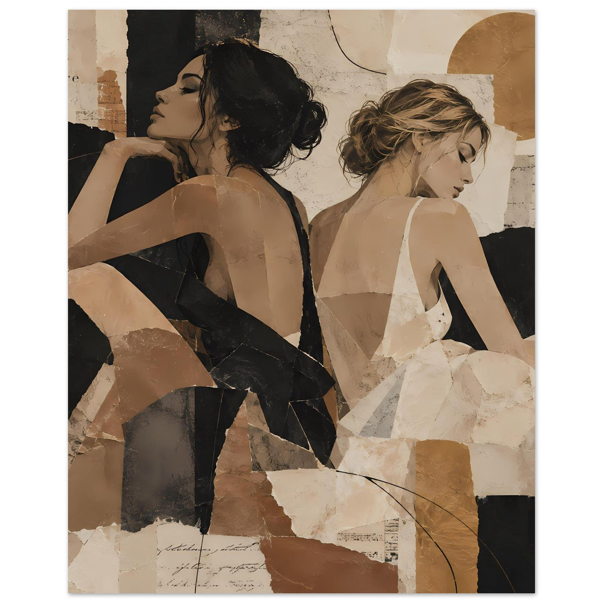 Collage-Poster mit zwei Frauenansichten, schwarz-beige Kontraste, abstrakte Bildflächen