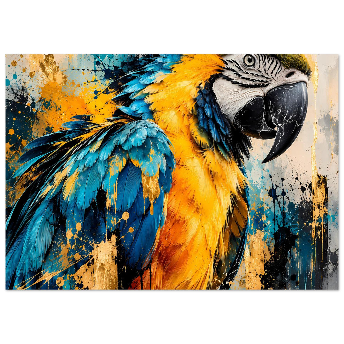 Papagei-Kunstposter im Querformat, großes Kopfporträt mit blauem Flügel.
