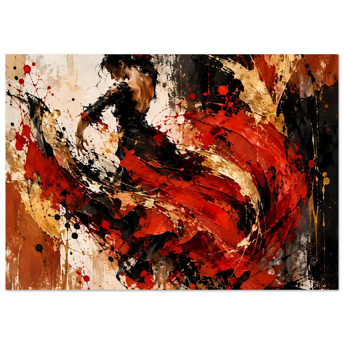 Kunstposter mit abstrakter Flamenco-Tänzerin in Rot-, Schwarz- und Goldtönen