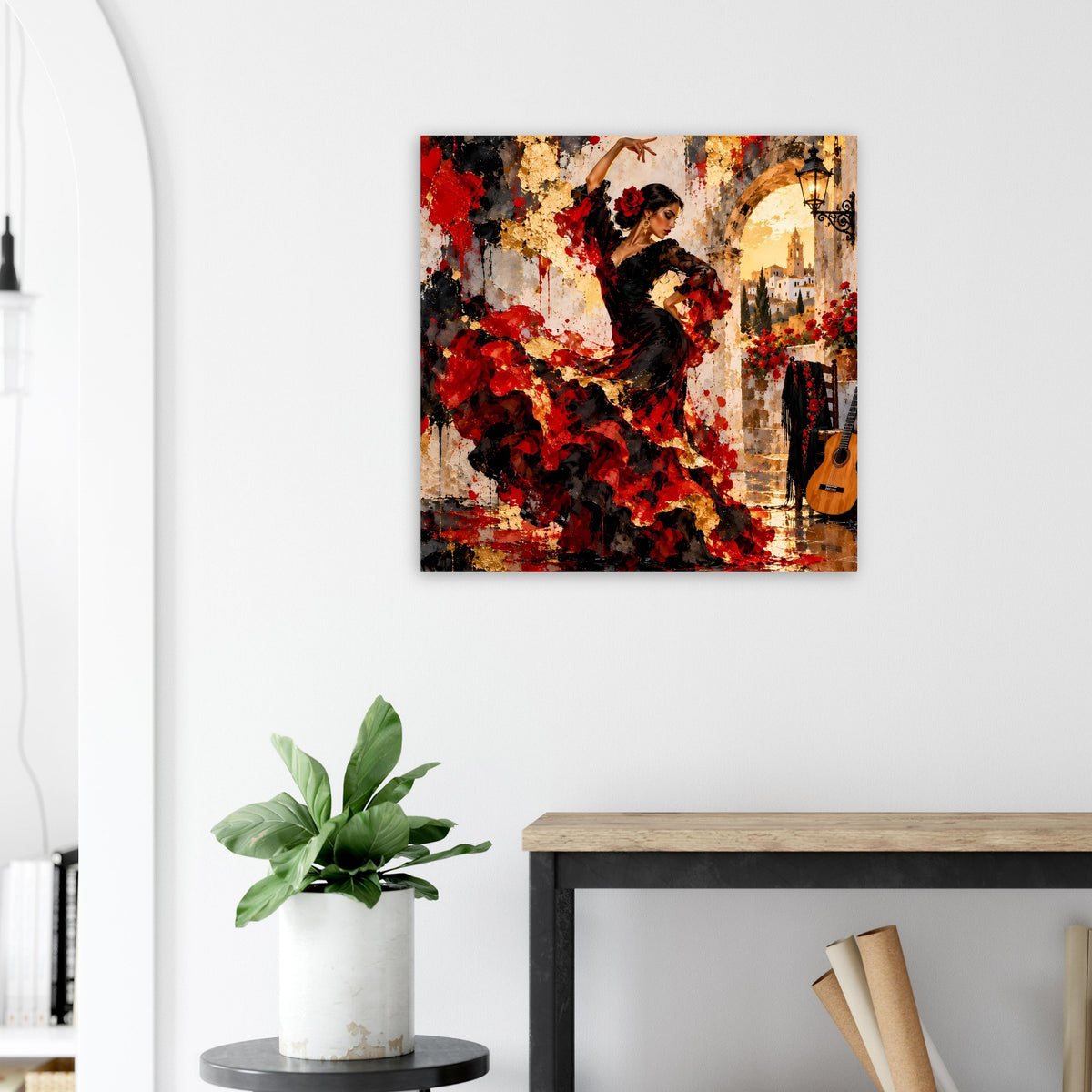 Kleines Poster mit Flamenco-Tänzerin in Schwarz; rote Farbakzente und Glockenturm im Motiv