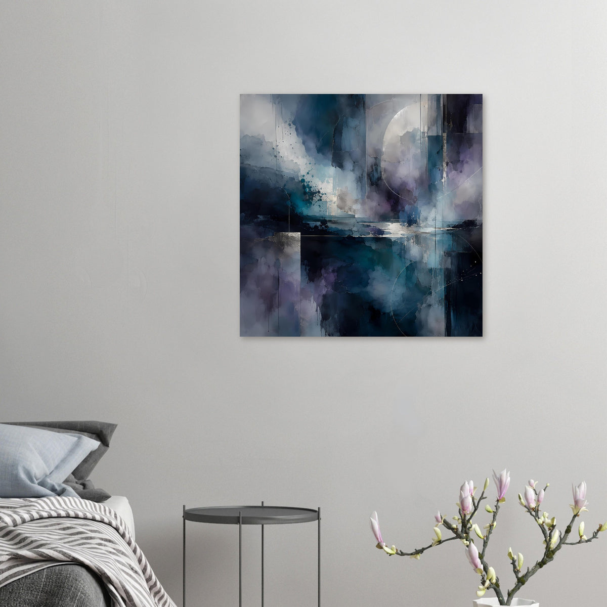 Kleines Abstractes Kunstposter mit blau-violetten Formen, zartem Halbkreis und Spritzmustern
