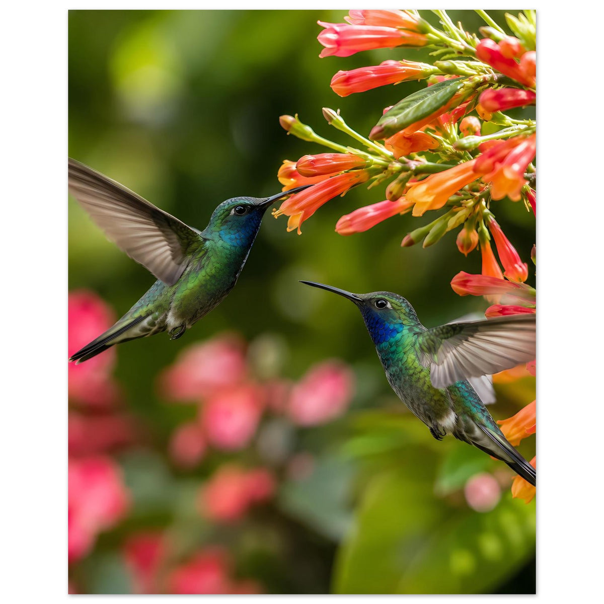 Posterdruck im Hochformat: Kolibris mit grünblauem Gefieder an orangefarbenen Blüten