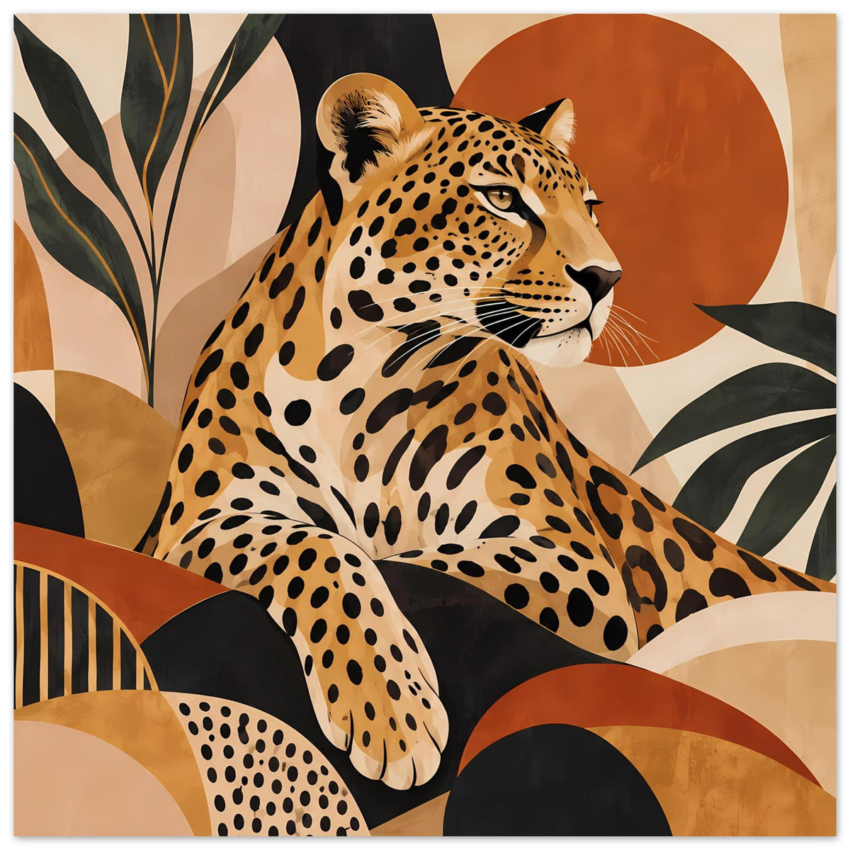 Leopard-Tierposter im Querformat: Leopardfigur mit gesprenkeltem Fell im Fokus