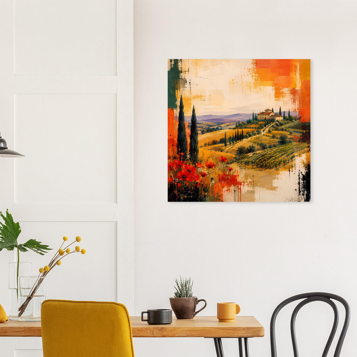 Abstraktes Poster mit toskanischer Aussicht, Zypressen und roten Mohnblumen in kräftigen Farben