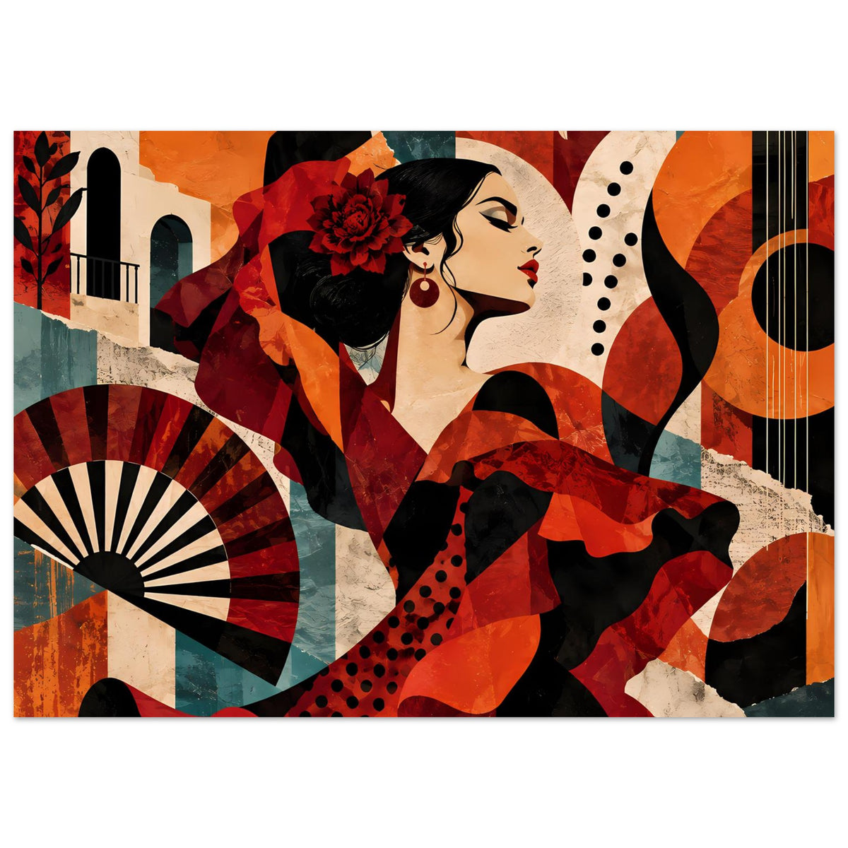 Dynamisches Tanzposter: Flamenco-Tänzerin in Rot und Schwarz mit Fächer und Ornamenten