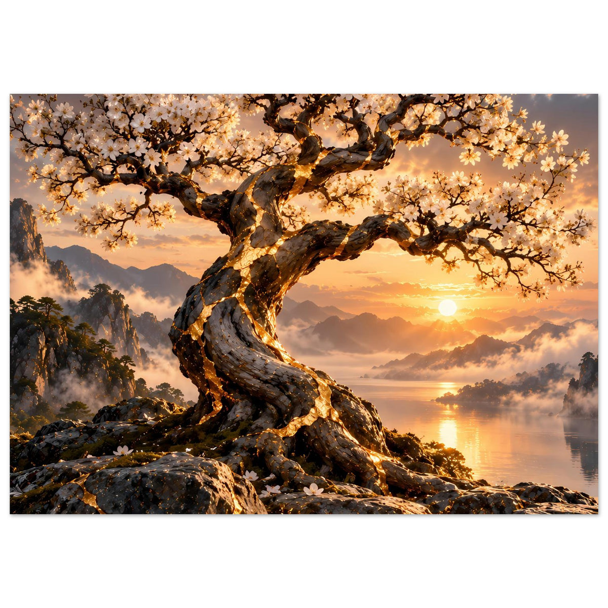 Horizontales Poster: verwinkelter Baum mit Kirschblüten, Sonne über Nebelbergen und Wasser