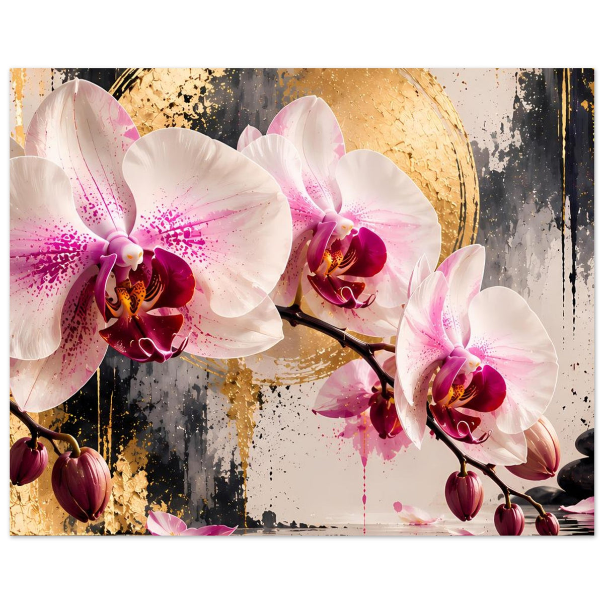 Poster mit Orchideenblüten an dunklem Zweig, weiß und pink, goldene Akzentfläche