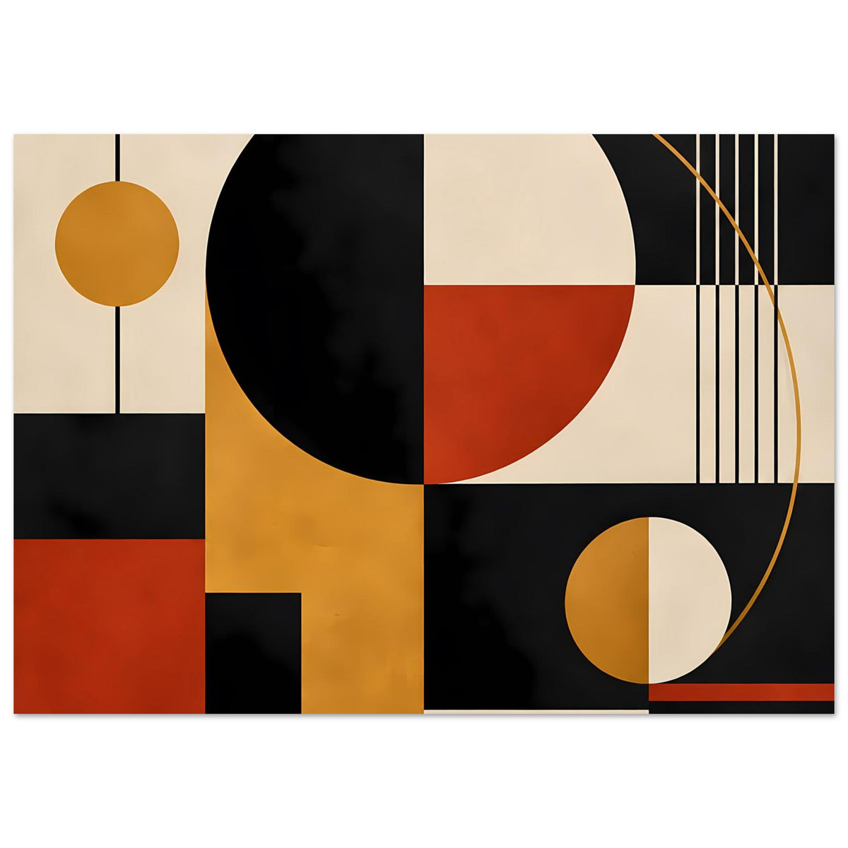 Geometrischer Kunstdruck mit großen Kreisen, kleinem Kreis und vertikalen Linien rechts