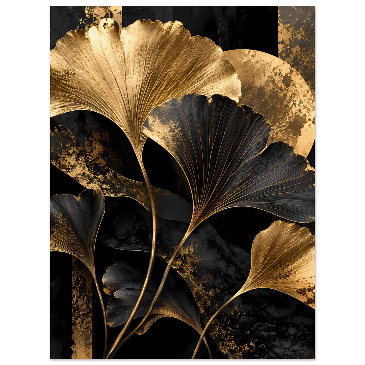 Botanisches Poster im Hochformat mit goldenen und schwarzen Ginkgo-Blättern auf mattem Papier