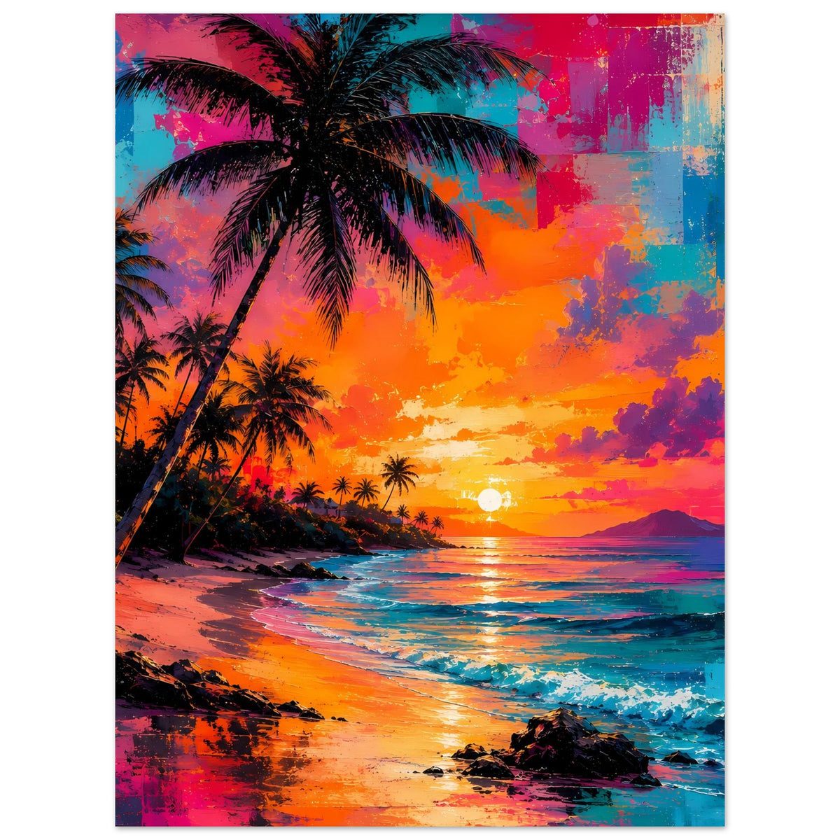 Abstraktes Poster mit Palmen am linken Rand und Neon-Sonnenuntergang über dem Strand