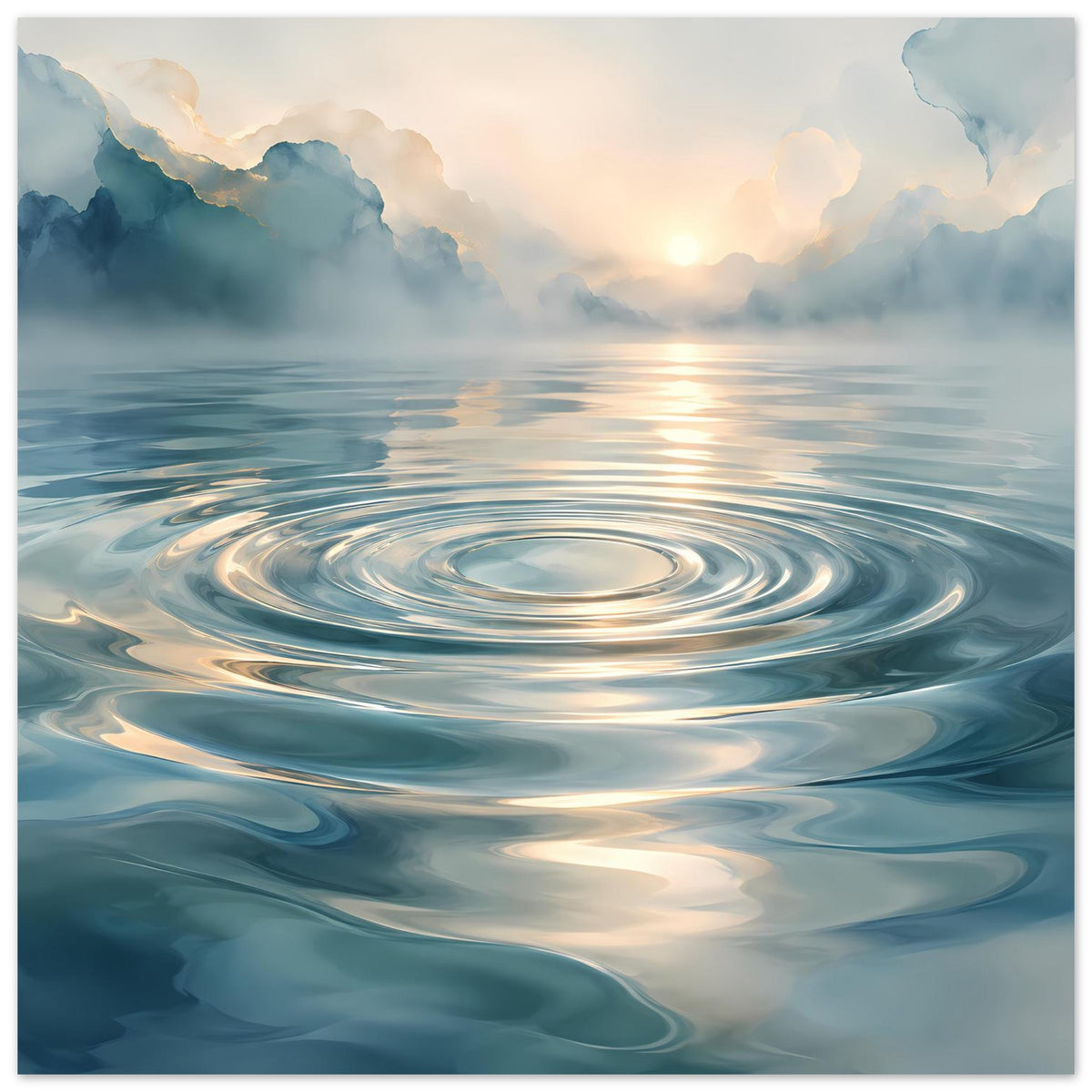 Wasser-Poster mit kreisförmigen Wellen, türkisblaues Wasser und goldener Himmelssonne