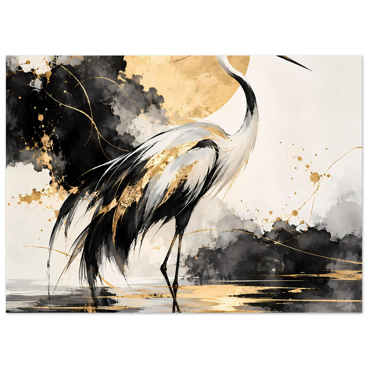 Vogelposter: Kranich in Schwarz und Gold, abstrahierte Wolken und horizontale Linien