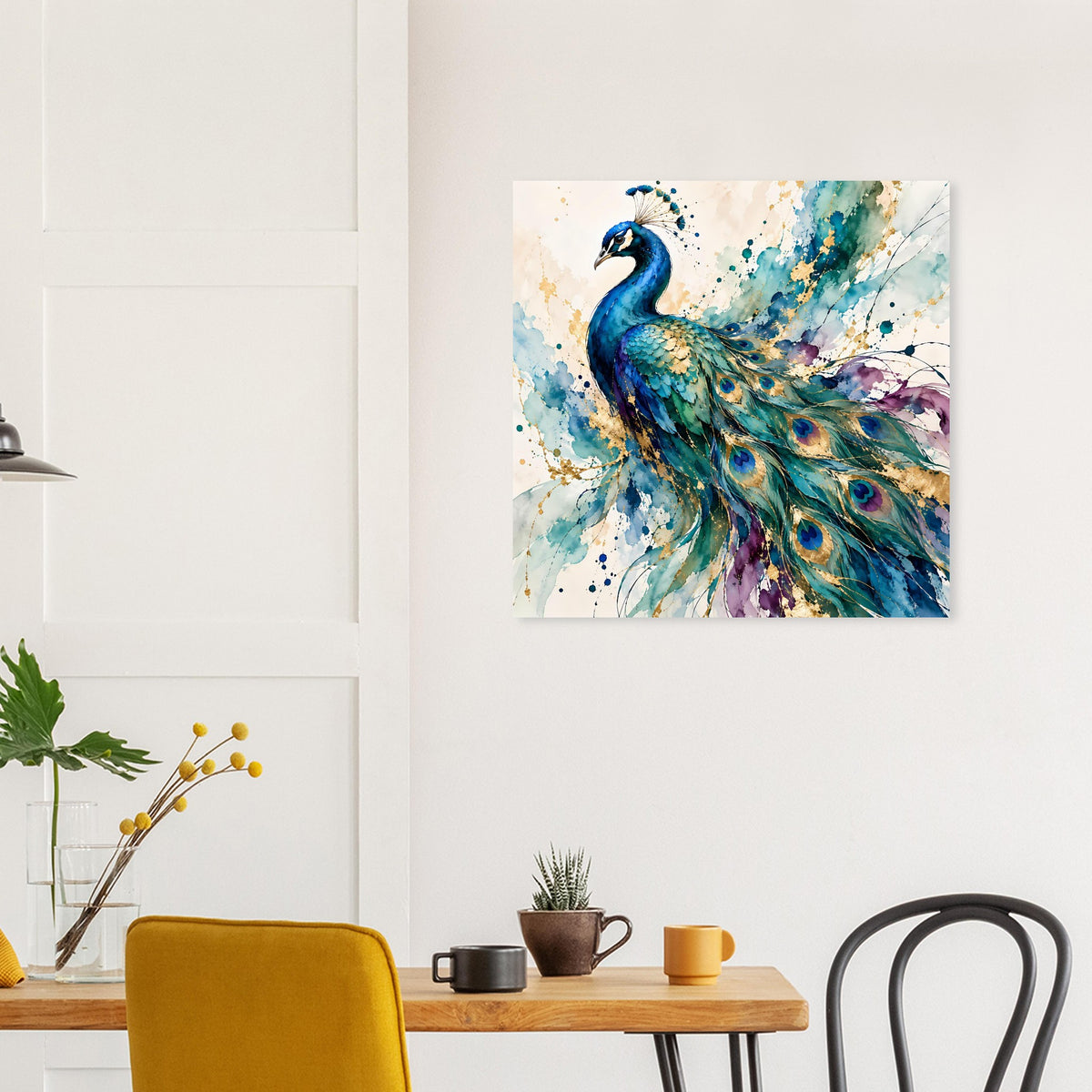 Aquarell-Poster Pfau, blau-grüne Federzeichnung mit goldenen Sprenkeln und violettem Rand