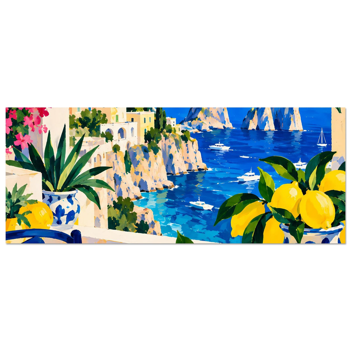 Horizontales Poster mit Küstenmotiv: Zitronen, blaues Meer und blau gemusterte Teller