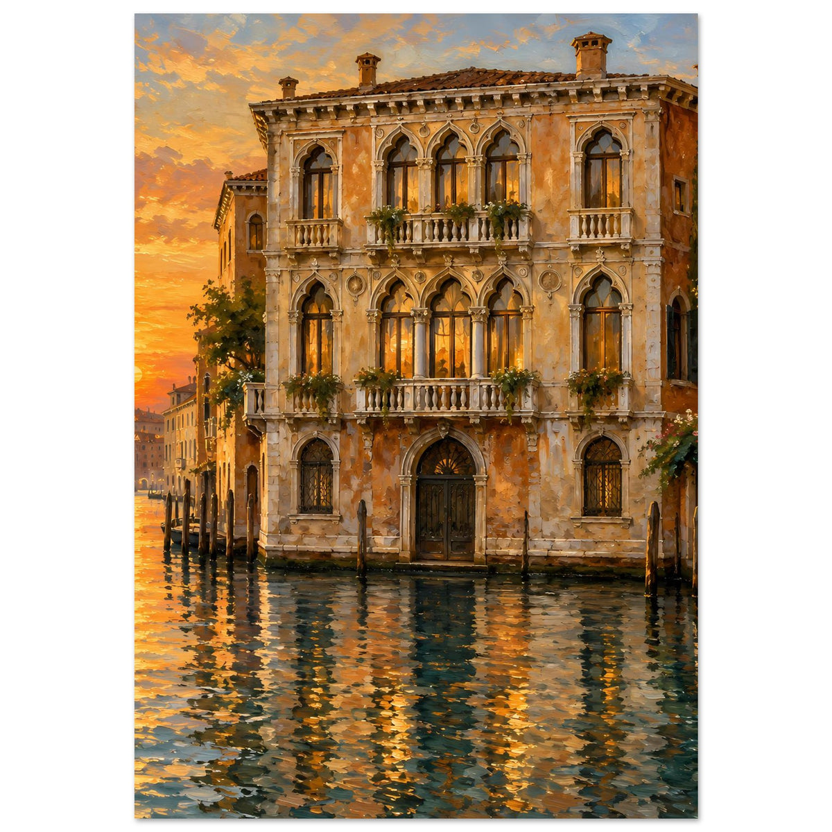Venedig-Poster mit detaillierter Palazzo-Fassade und welligem Wasser im Vordergrund