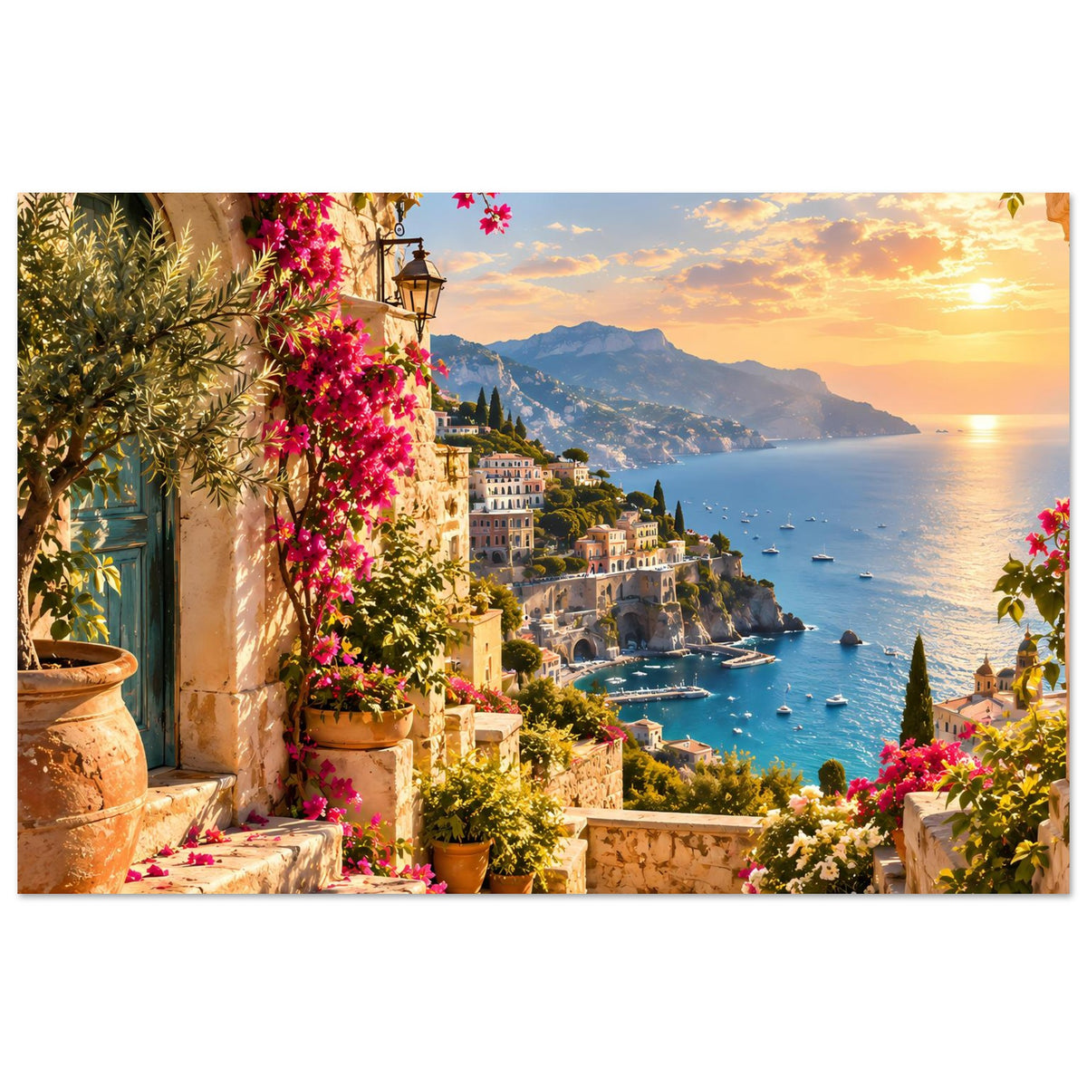 Poster mit mediterraner Küste im Sonnenuntergang, Felsbucht, Boote und Blumen am Geländer