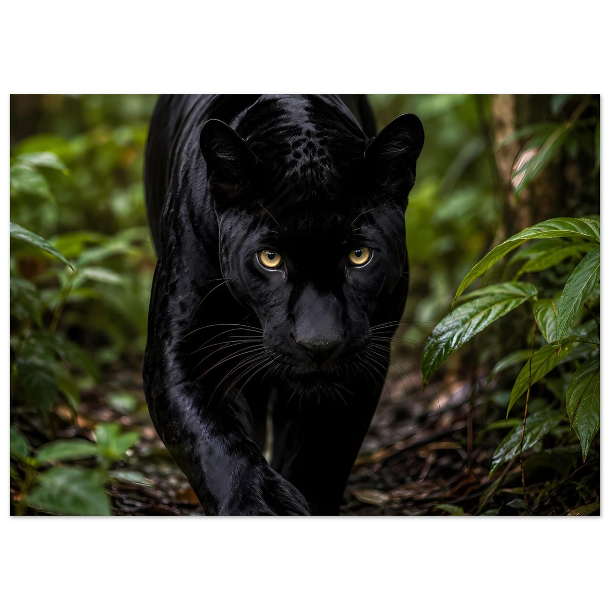 Poster mit schwarzem Panther im Dschungel, goldene Augen, Blick nach vorn