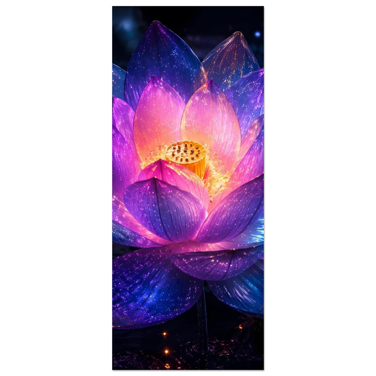 Leuchtendes Lotusblumenposter im Hochformat mit lila-blauer Lotusblüte und goldener Mitte