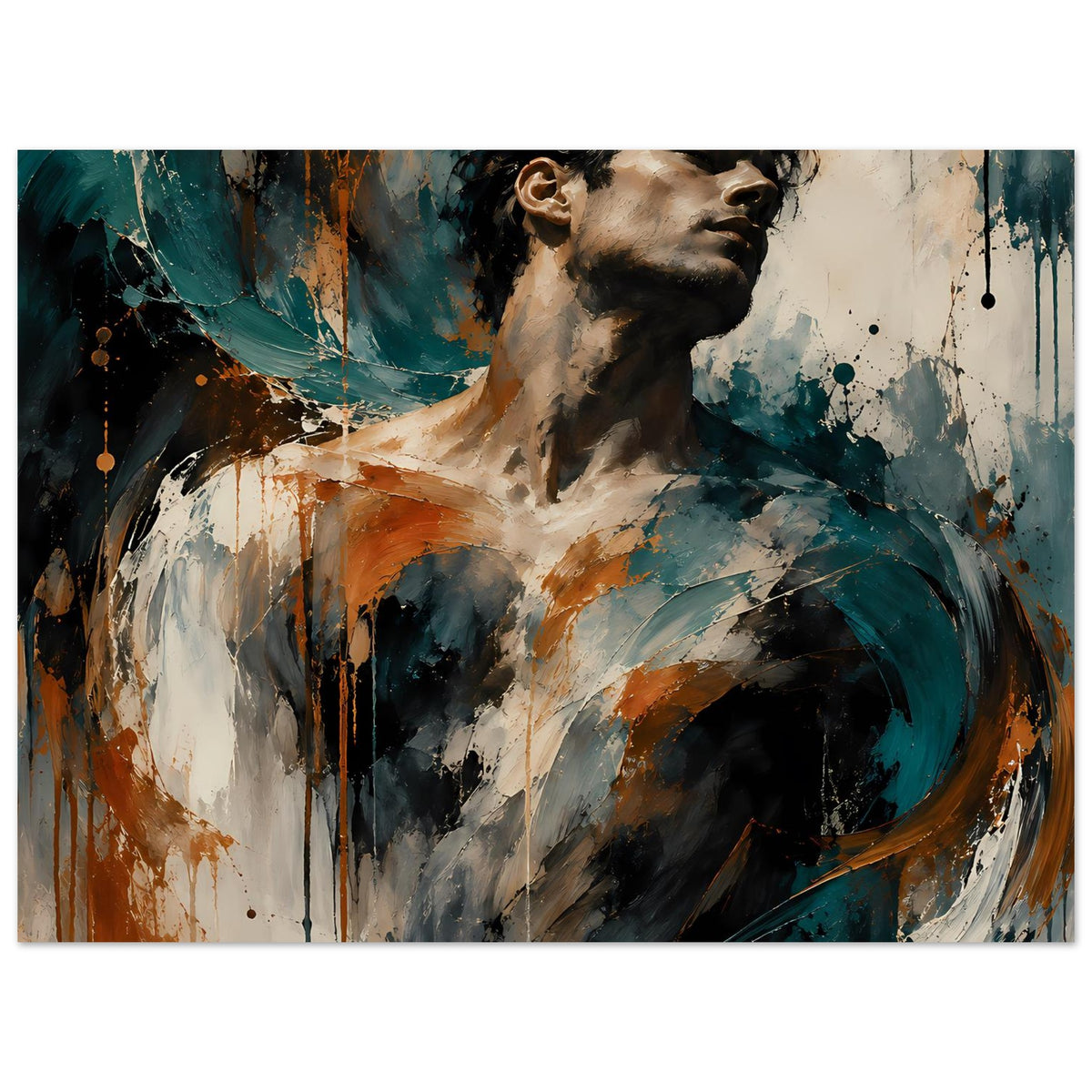Kunstposter mit expressionistischem Porträt: Mann im Profil, Rostorange und Petrol, breite Striche