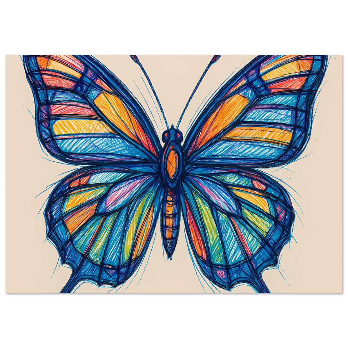 Kunstposter im Querformat: großer blauer Schmetterling mit bunten Flügeln