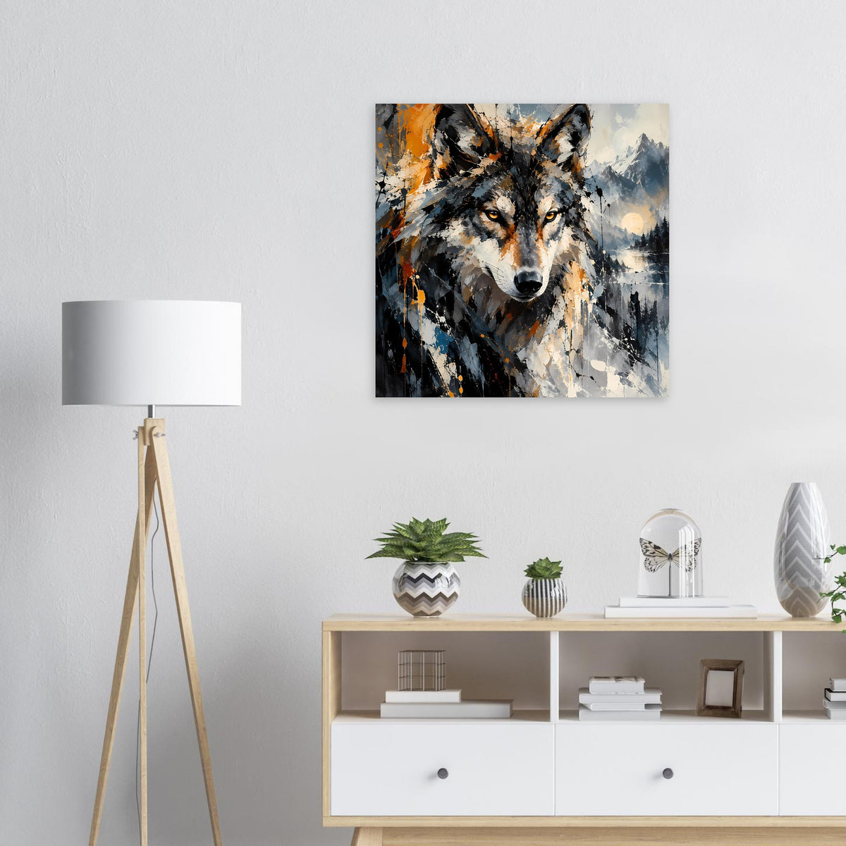 Abstraktes Wolf-Kunstposter: orange-grauer Wolf mit blauen Flächen
