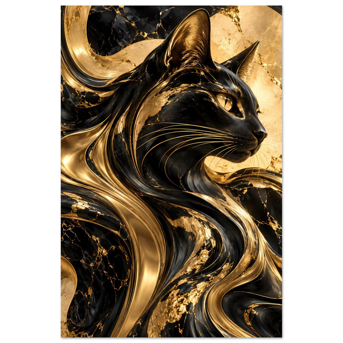 Hochformat-Poster mit Katzenmotiv: goldene und schwarze Wellen, stilisierte Felllinien