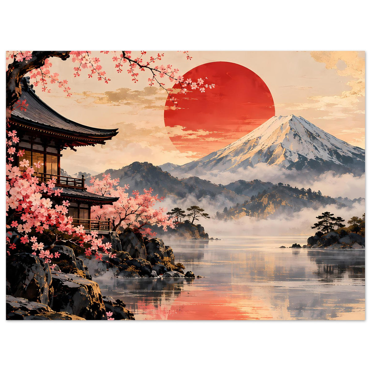 Poster: roter Himmel mit Sonne, Fuji, Kirschblüten und Tempel, Querformat