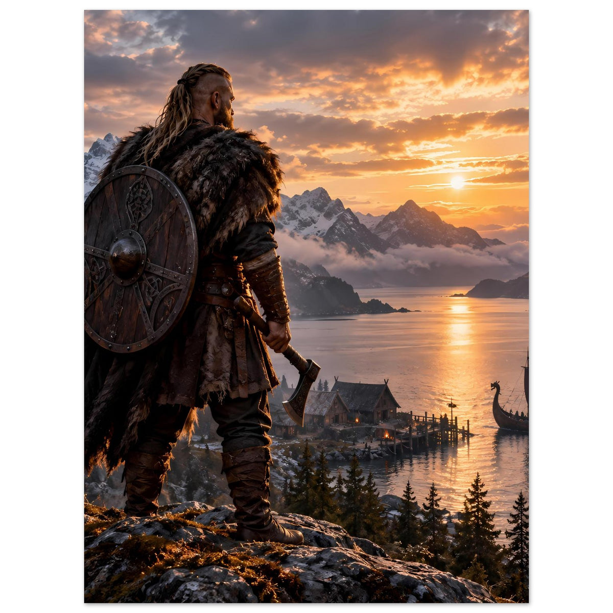 Hochformatiges Poster mit Wikinger im Pelz, Rundschild am Rücken und Langboot am Fjord