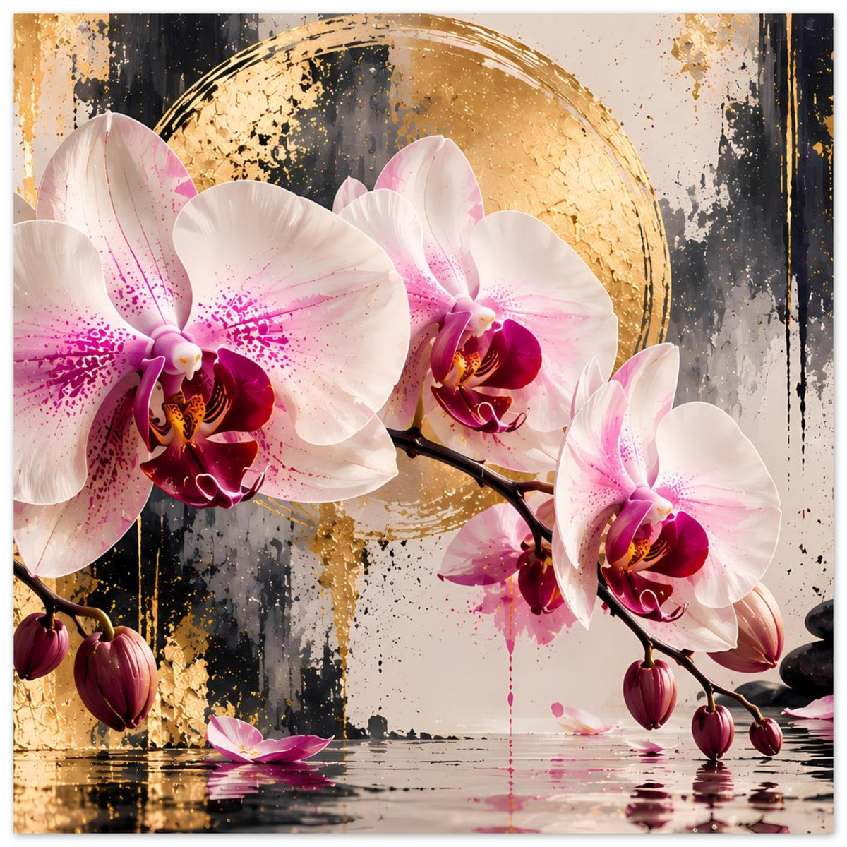Orchideen-Poster mit drei Orchideenblüten und goldener Halbkreisornamentik