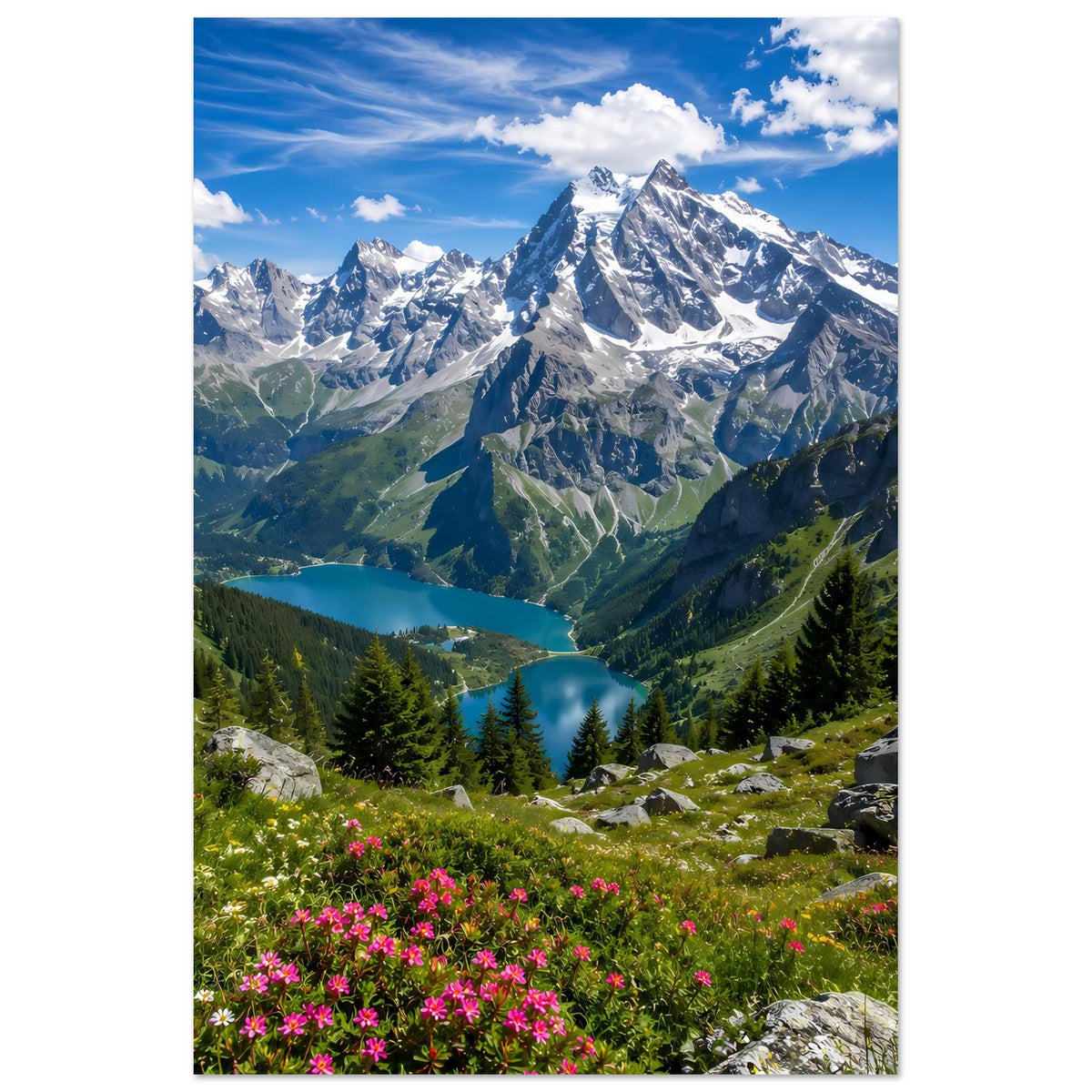 Alpenlandschafts-Poster im Hochformat: Berge, Tal und pinke Blumen im Vordergrund