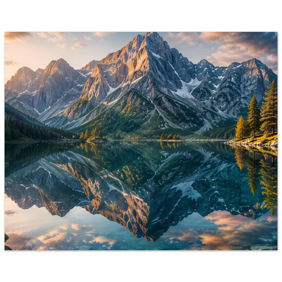 Breites Poster mit Berglandschaft und Spiegelsee, goldene Wolken über blauem Tal