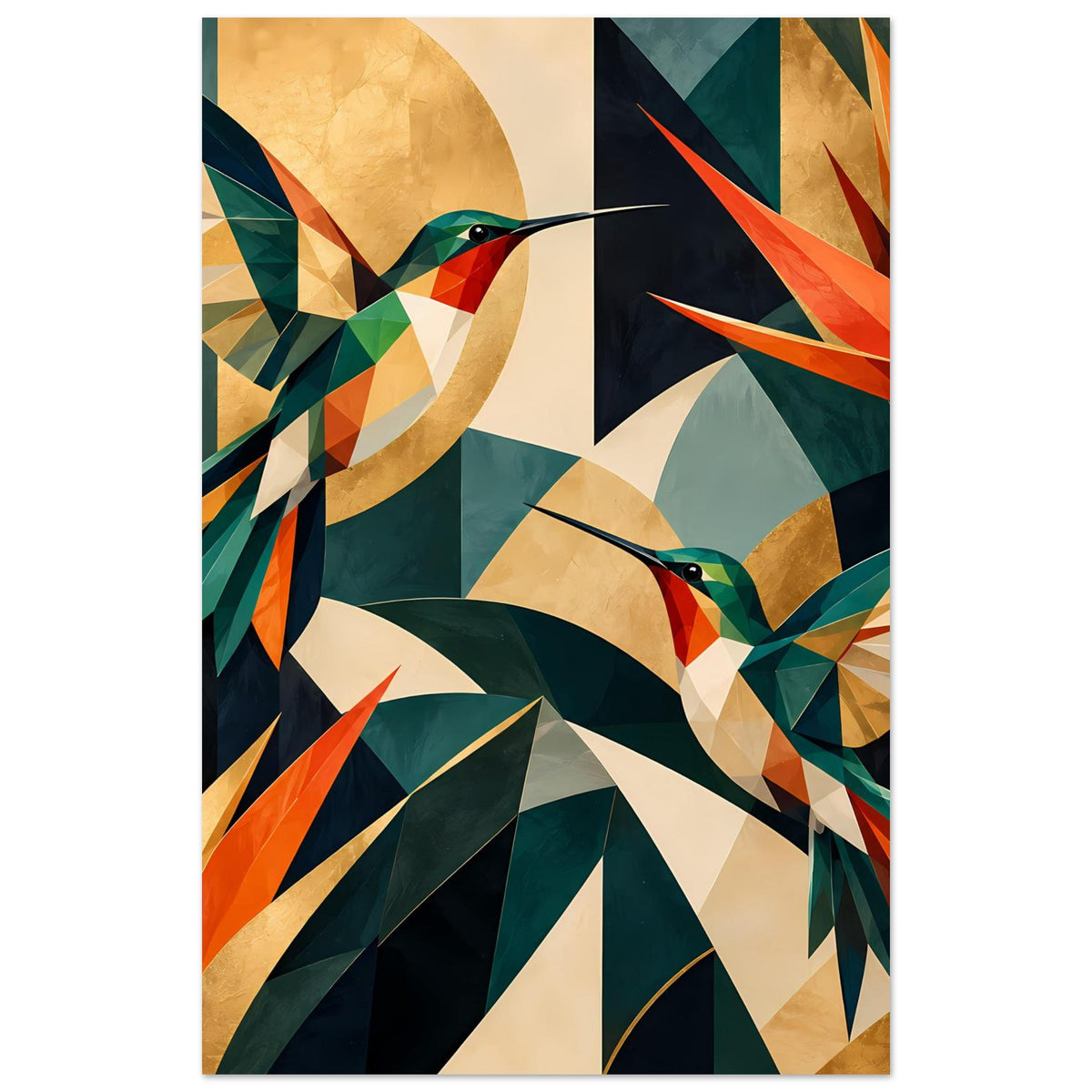 Vertikales Kunstposter mit geometrischen Kolibris, farbige Dreiecke in Grün, Orange und Beige