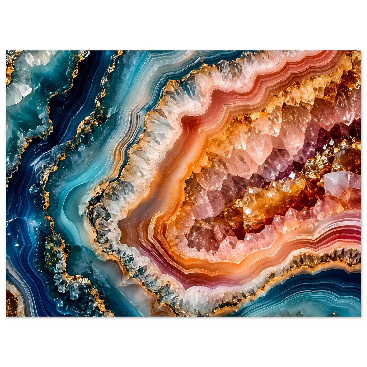 Poster mit Geoden-Kristallkunst: geschichtete Farbadern in Blau, Orange und Gold, kristalline Textur