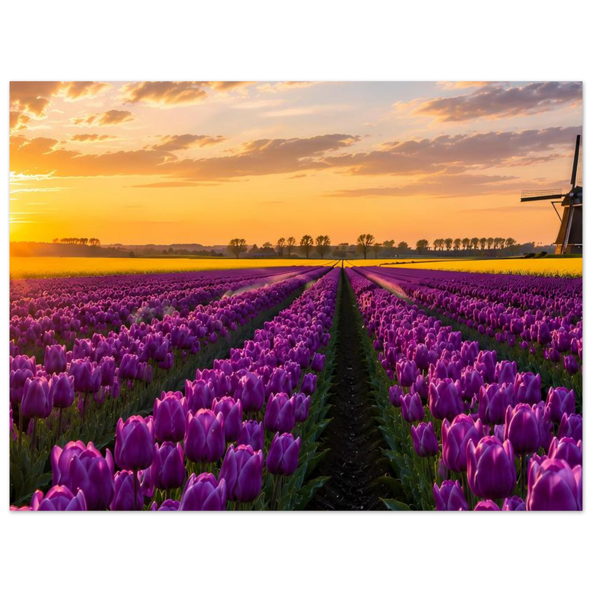 Hochkantiges Poster mit violetten Tulpen und Windmühle rechts bei Abendsonne