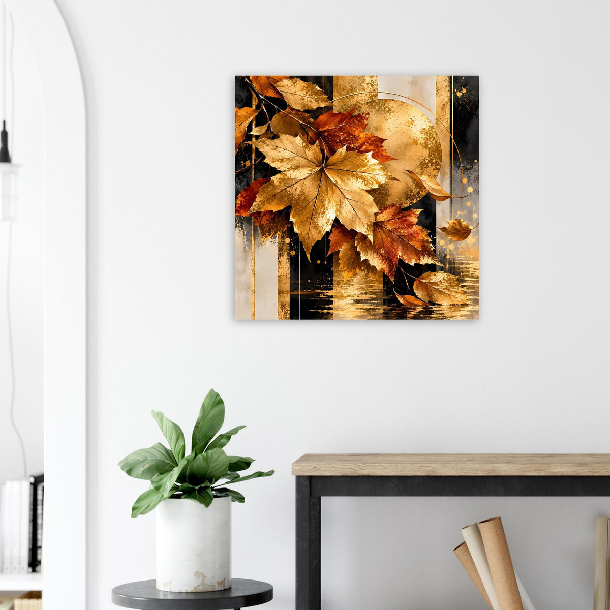 Gerahmtes Poster mit Ahornblättern in Gold-Orange und abstrakter Sonnenfläche im Herbstdesign